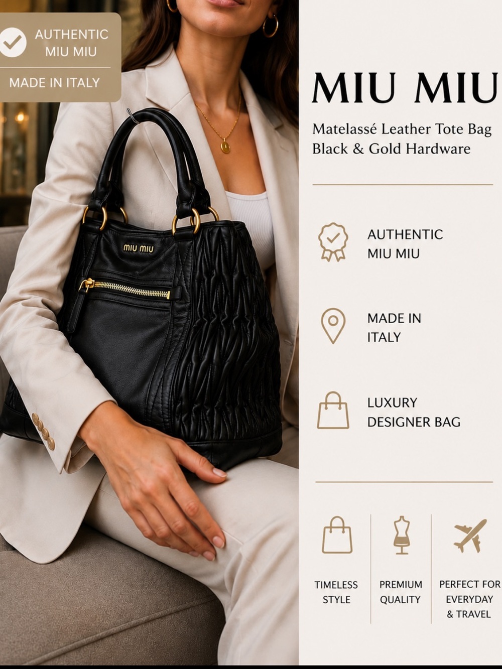 Black Matelassé Leather Tote Bag Gold Hardware Italy